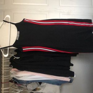 Black dress with red and white stripes.